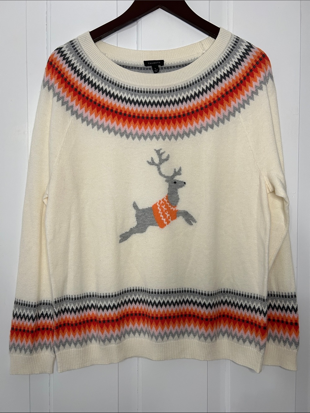 Talbots Cream Crewneck knit Sweater with Gray Reindeer and Orange Fair Isle